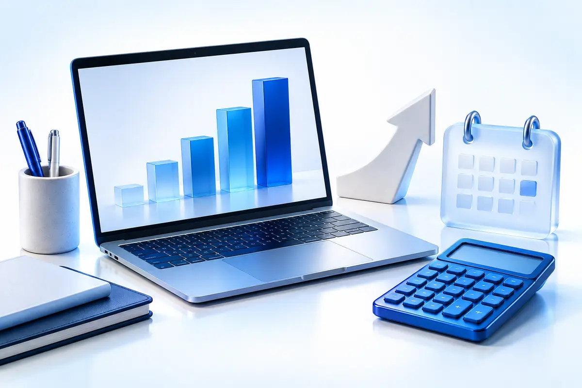 Computador, calculadora y calendario para representar la organización de ventas y márgenes.